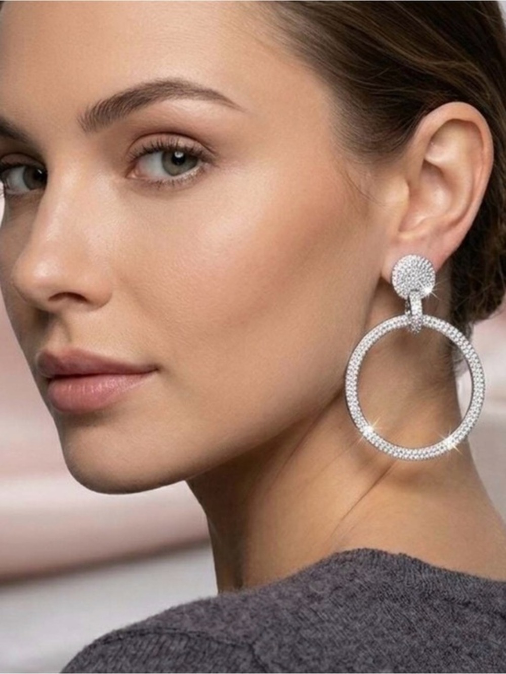 Fancy Chic Silver Crystal Hoop Drop Earrings - Sparkling Silver Statement